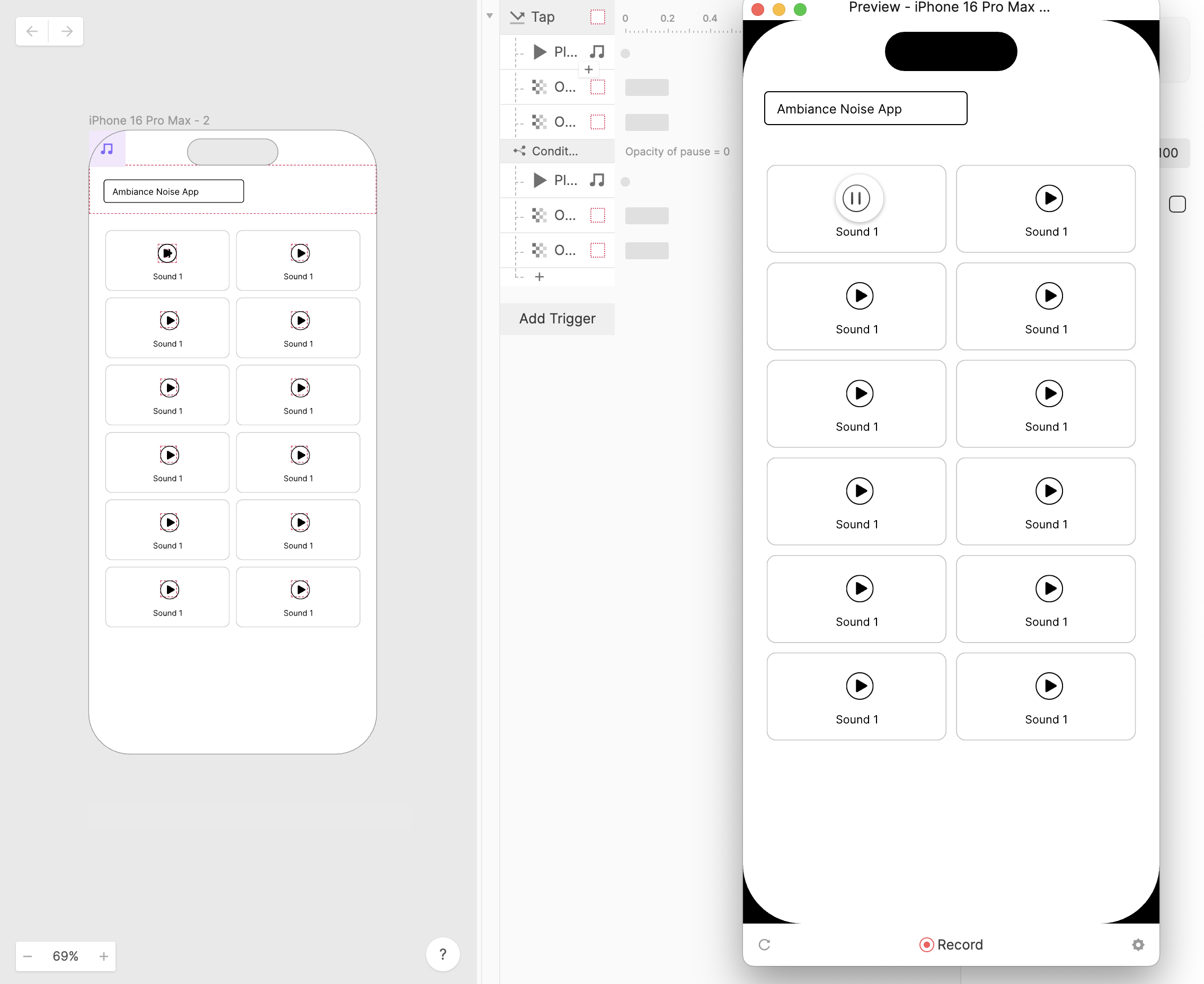 Low fifelity wireframes of ambiance noise app made in Figma